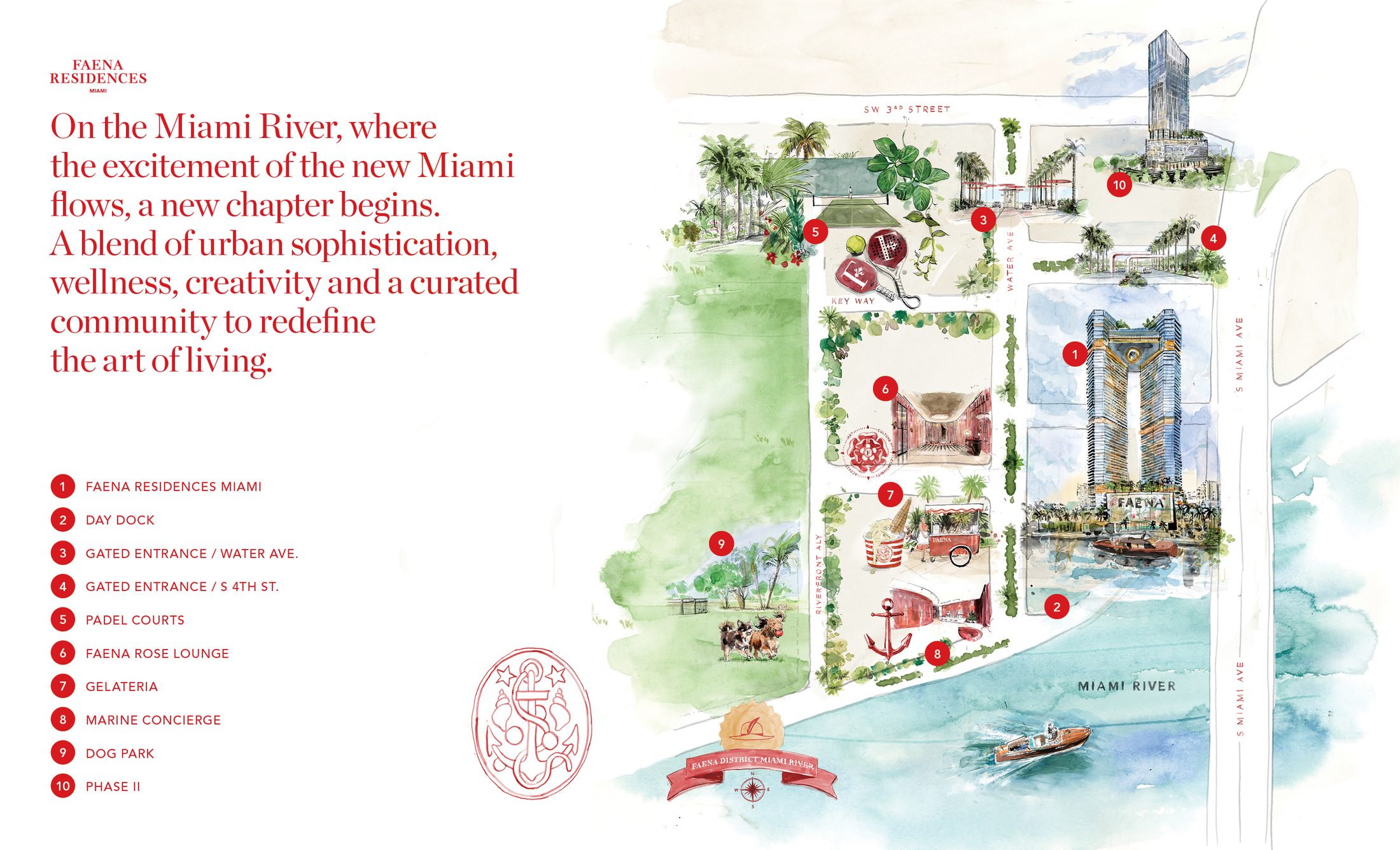 District map of the Faena District along the Miami River in Downtown Miami. No street address is marked as the project site.